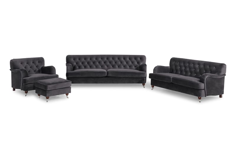 Howard Riviera Soffgrupp Svängd 3-sits + 2-sits Soffa + Fåtölj + Fotpall i Sammet - Mörkgrå - Products - Möbler - Soffa - Soffgrupp - Howard soffgrupp