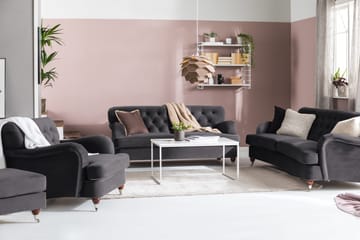 Howard Riviera Soffgrupp Svängd 3-sits + 2-sits Soffa + Fåtölj + Fotpall i Sammet - Mörkgrå - Products - Möbler - Soffa - Soffgrupp - Howard soffgrupp