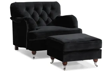 Howard Riviera Soffgrupp Svängd 3-sits + 2-sits Soffa + Fåtölj + Fotpall i Sammet - Svart - Products - Möbler - Soffa - Soffgrupp - Howard soffgrupp