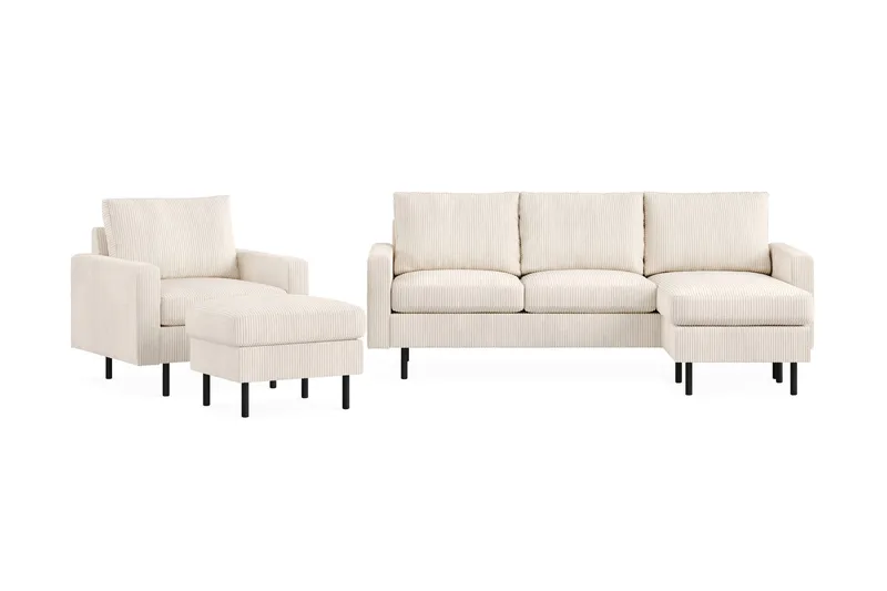 Peppe Soffgrupp 3-sits Vändbar L-formad Divansoffa + Fåtölj + Fotpall i Manchester, Beige