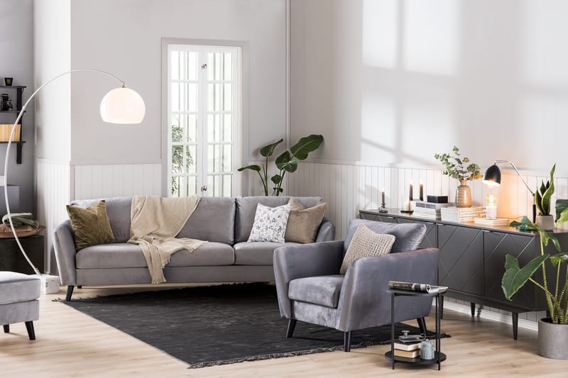 Trend Soffgrupp 3-sits + 2-sits Soffa + Fåtölj + Fotpall i Sammet - Ljusgrå - Products - Möbler - Soffa - Soffgrupp