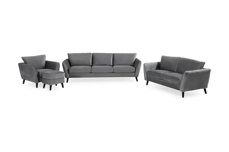 Trend Soffgrupp 3-sits + 2-sits Soffa + Fåtölj + Fotpall i Sammet - Ljusgrå - Products - Möbler - Soffa - Soffgrupp