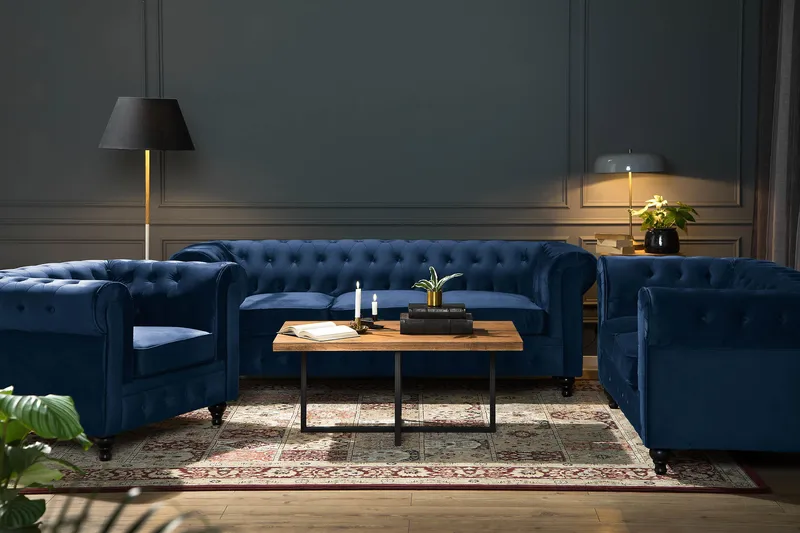 Chesterfield Lyx Stor skön djup sammetsfåtölj - Fåtölj till vardagsrum - Blå - Products - Möbler - Fåtölj & stolar - Fåtölj - Chesterfield fåtölj