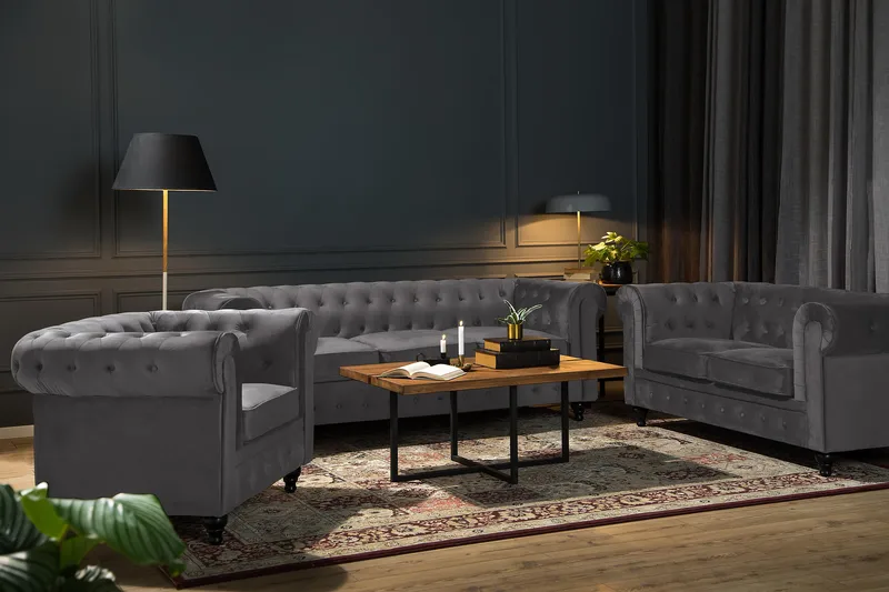 Chesterfield Lyx Stor skön djup sammetsfåtölj - Fåtölj till vardagsrum - Mörkgrå - Products - Möbler - Fåtölj & stolar - Fåtölj - Chesterfield fåtölj