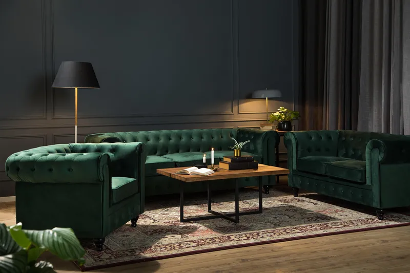 Chesterfield Lyx Stor skön djup sammetsfåtölj - Fåtölj till vardagsrum - Mörkgrön Sammet - Products - Möbler - Fåtölj & stolar - Fåtölj - Chesterfield fåtölj