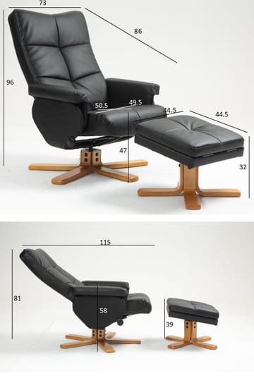 Duva reclinerfåtölj med fotpall i svart PU med bruna ben - Svart - Products - Möbler - Fåtölj & stolar - Fåtölj - Biofåtölj & reclinerfåtölj