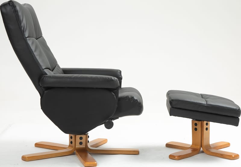 Duva reclinerfåtölj med fotpall i svart PU med bruna ben - Svart - Products - Möbler - Fåtölj & stolar - Fåtölj - Biofåtölj & reclinerfåtölj