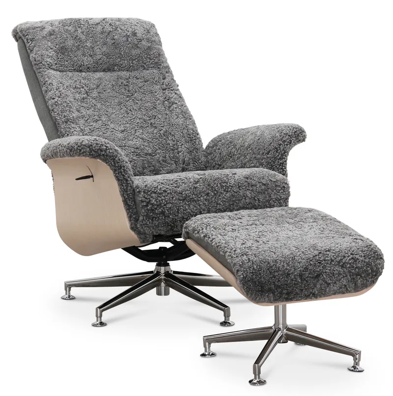 Fårskinnsfåtölj med fotpall grå/whitewash - Ulla, Grafitgrå