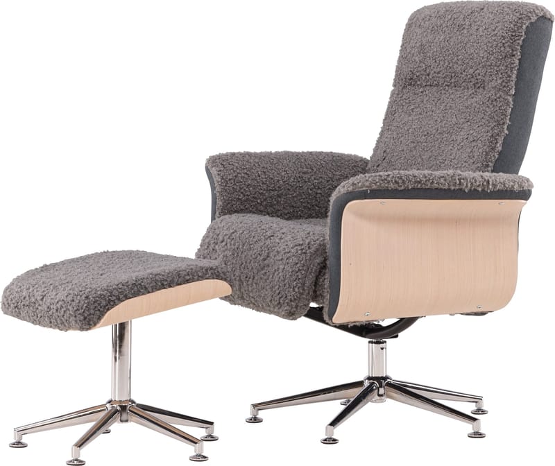Reclinerfåtölj med fotpall - Grå fårskinnsimitation/whitewash ek - Grå - Products - Möbler - Fåtölj & stolar - Fåtölj - Biofåtölj & reclinerfåtölj