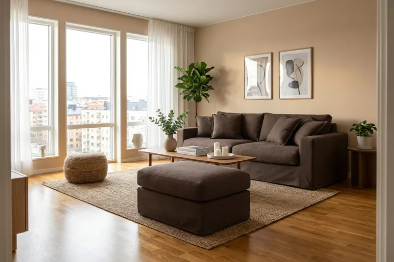 Valencia Extra Djup 3-sits soffa + fotpall med avtagbar och tvättbar klädsel - Mörkbrun - Products - Möbler - Soffa