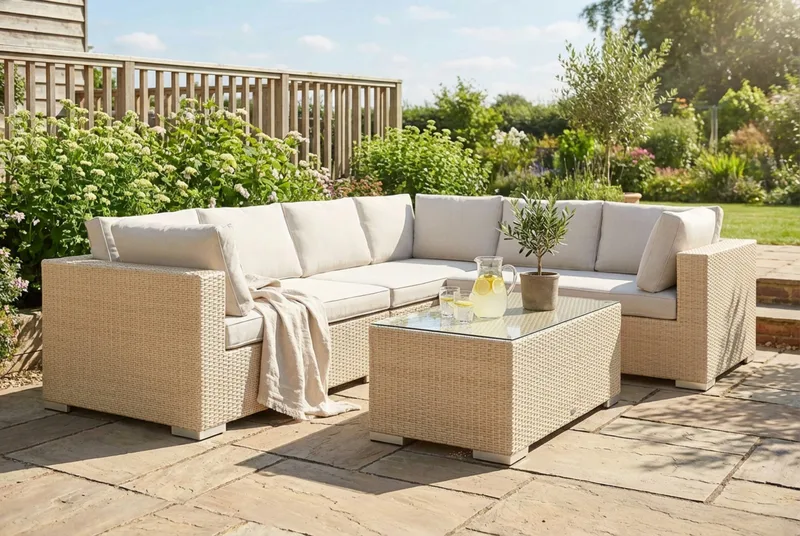 Bahamas L-formad utesoffa höger, 6-sits med bord - Beige - Products - Utemöbler & utemiljö - Loungemöbler - Loungeset & loungegrupp