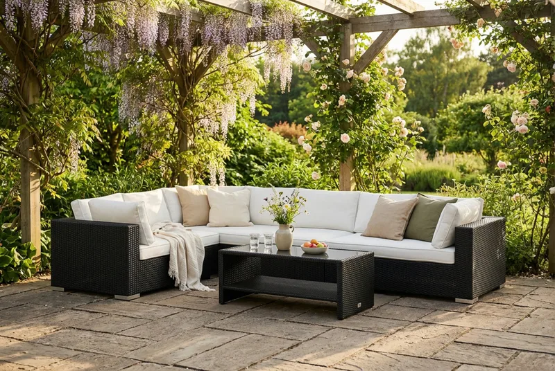 Bahamas L-formad utesoffa vänster, 7-sits med bord och hylla - Svart - Products - Utemöbler & utemiljö - Loungemöbler - Loungeset & loungegrupp