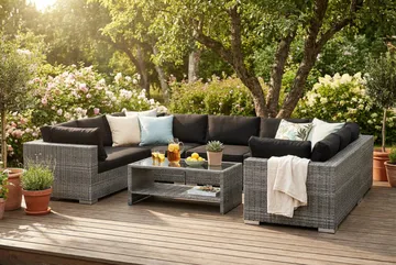 Bahamas U-formad utomhus loungegrupp med stängt avslut, 9-sits med bord och hylla - Grå - Products - Utemöbler & utemiljö - Loungemöbler - Loungeset & loungegrupp