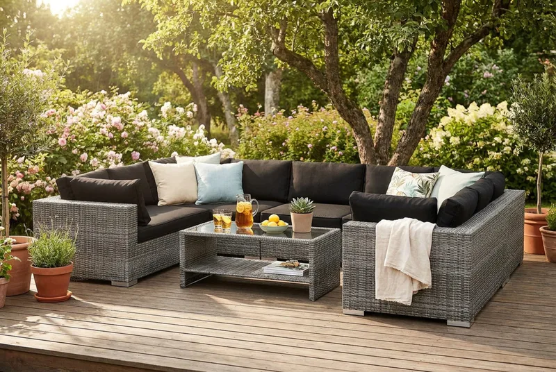 Bahamas U-formad utomhus loungegrupp med stängt avslut, 9-sits med bord och hylla - Grå - Products - Utemöbler & utemiljö - Loungemöbler - Loungeset & loungegrupp