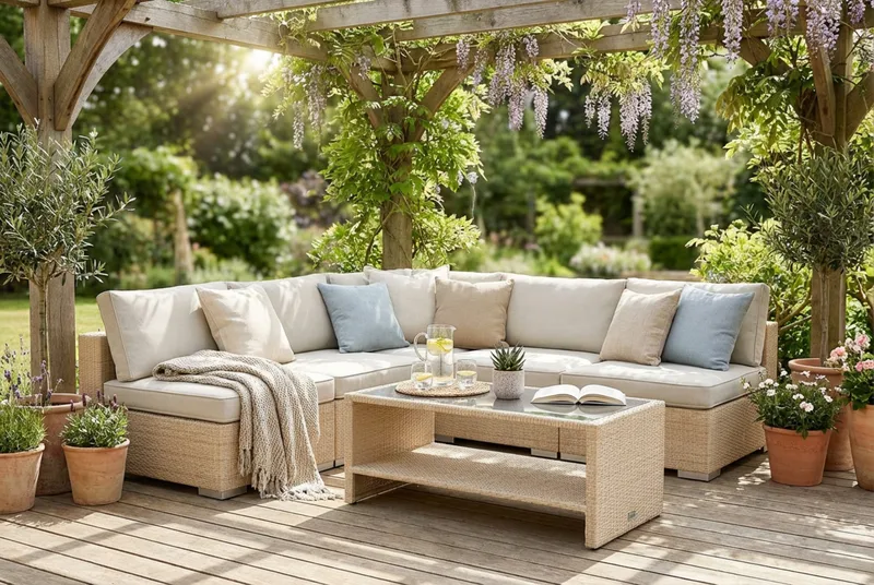 Bahamas utomhus hörnsoffa 5-sits vändbar med öppet avslut och bord med hylla - Beige - Products - Utemöbler & utemiljö - Loungemöbler - Loungeset & loungegrupp