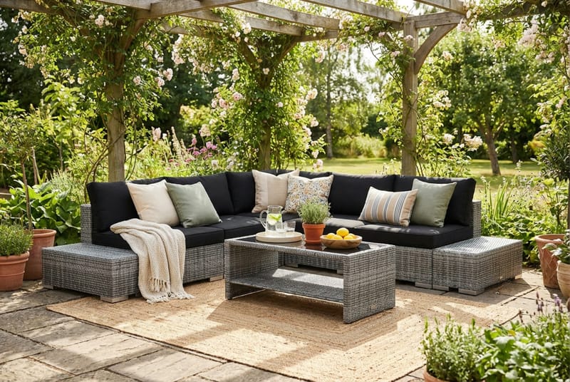 Bahamas utomhus hörnsoffa 5-sits vändbar med öppet avslut och bord med hylla - Grå - Products - Utemöbler & utemiljö - Loungemöbler - Loungeset & loungegrupp