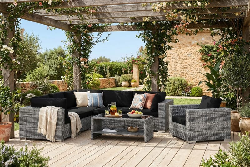 Bahamas utomhus hörnsoffa 6-sits vändbar med fåtölj och bord med hylla - Grå - Products - Utemöbler & utemiljö - Loungemöbler - Loungeset & loungegrupp