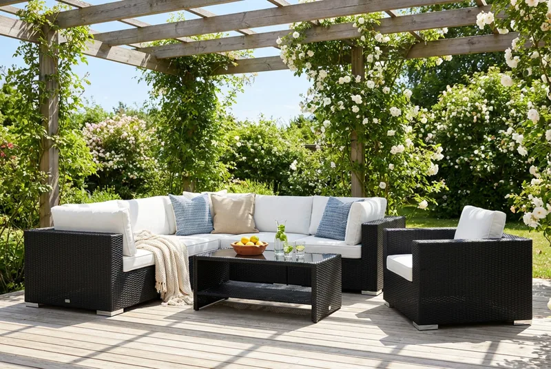 Bahamas utomhus hörnsoffa 6-sits vändbar med fåtölj och bord med hylla - Svart - Products - Utemöbler & utemiljö - Loungemöbler - Loungeset & loungegrupp