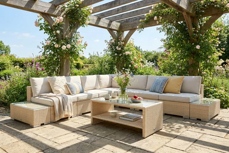 Bahamas utomhus hörnsoffa 7-sits vändbar med öppet avslut och bord med hylla - Beige - Products - Utemöbler & utemiljö - Loungemöbler - Loungeset & loungegrupp