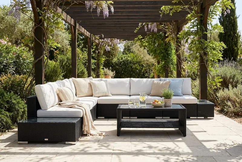 Bahamas utomhus hörnsoffa 7-sits vändbar med öppet avslut och bord med hylla - Svart - Products - Utemöbler & utemiljö - Loungemöbler - Loungeset & loungegrupp