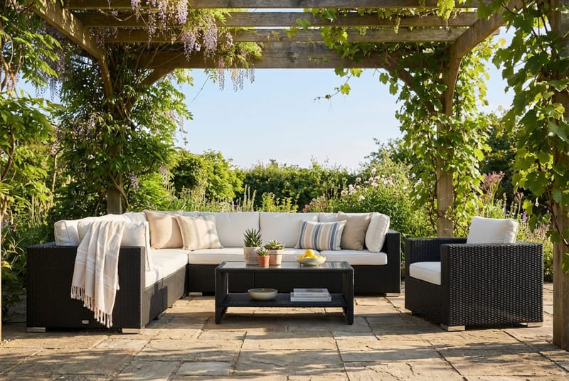 Bahamas utomhus hörnsoffa 8-sits vändbar med fåtölj och bord med hylla - Svart - Products - Utemöbler & utemiljö - Loungemöbler - Loungeset & loungegrupp