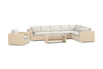 Bahamas utomhus L-soffa höger 8-sits med fåtölj och bord med hylla