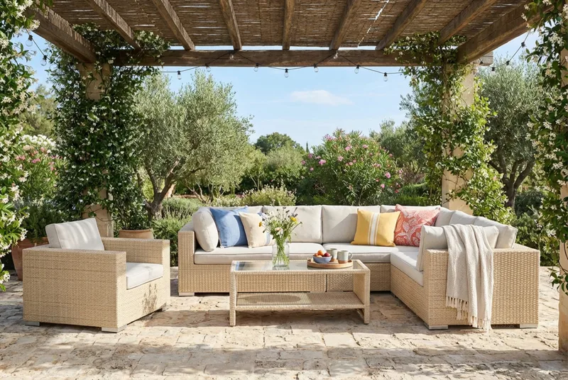 Bahamas utomhus L-soffa vänster 7-sits med fåtölj och bord med hylla - Beige - Products - Utemöbler & utemiljö - Loungemöbler - Loungeset & loungegrupp