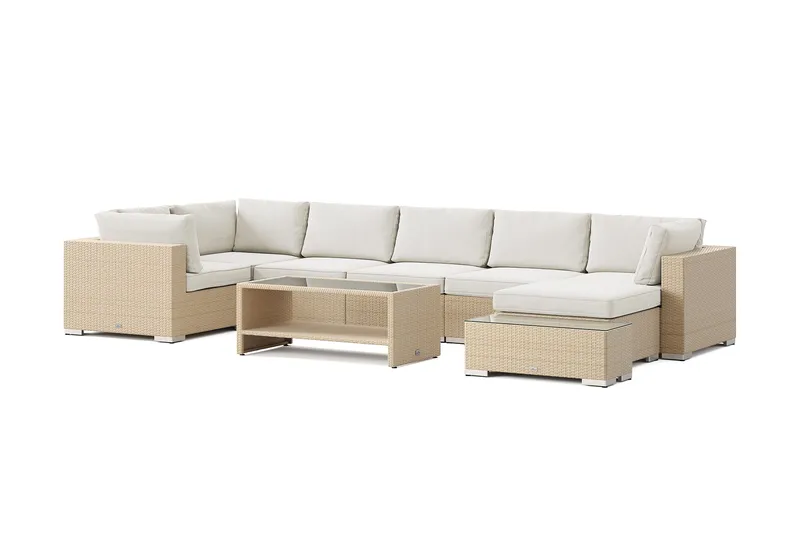 Bahamas utomhus U-soffa 7-sits vändbar divan med öppet avslut och bord med hylla, Beige