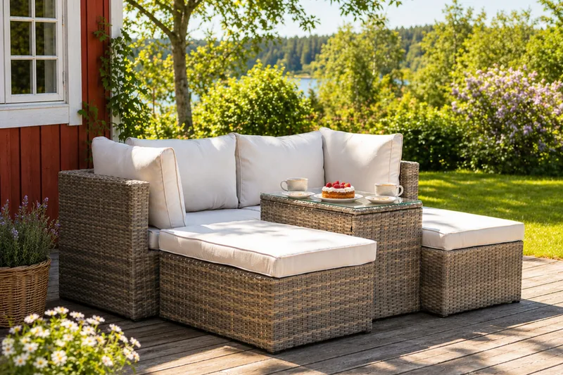 Dramilo Loungegrupp i konstrotting med bord och dynor - Beige - Products - Utemöbler & utemiljö - Loungemöbler - Loungeset & loungegrupp