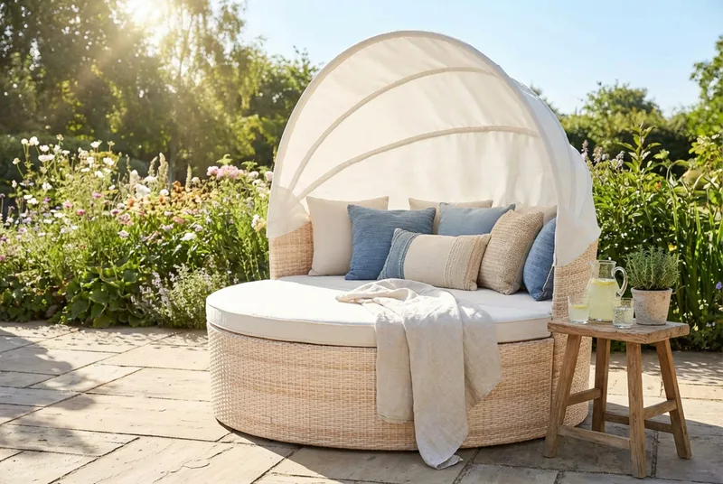 Florens Rund dubbel Solsäng med tak - Soffbord med glasskiva i konstrotting - Beige - Products - Utemöbler & utemiljö - Loungemöbler - Solbädd