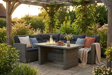 James 5-sits Vänstervänd Loungegrupp Utomhus – Soffgrupp med mörgrå dynor och bord i konstrotting - Grå - Products - Utemöbler & utemiljö - Loungemöbler - Loungeset & loungegrupp