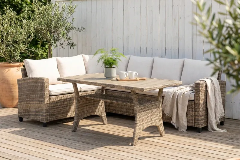 James Light Stor L-formad vändbar loungegrupp utomhus i konstrotting med förvaring och vita dynor - Brun / Beige - Products - Utemöbler & utemiljö - Loungemöbler - Loungeset & loungegrupp