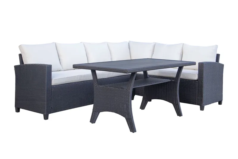 James Light Stor L-formad vändbar loungegrupp utomhus i konstrotting med förvaring och vita dynor, Svart