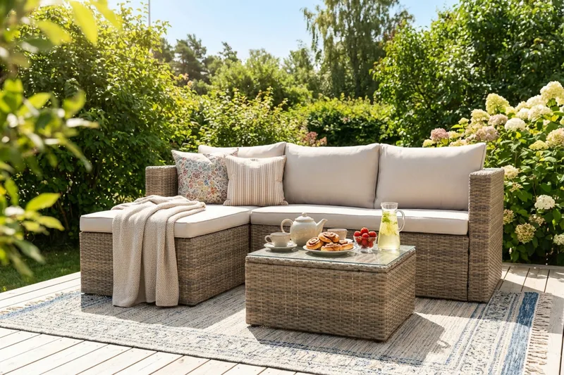 Mendoza l-formad 4-sits soffgrupp i konstrotting för altan och terrass - Brun / Beige dynor - Products - Utemöbler & utemiljö - Loungemöbler - Loungeset & loungegrupp