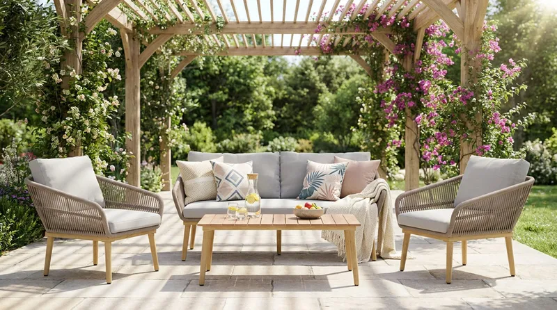 Morrocco 4-sits Soffgrupp utomhus med grå dynor och soffbord med trä utseende - Brun - Products - Utemöbler & utemiljö - Loungemöbler - Loungeset & loungegrupp
