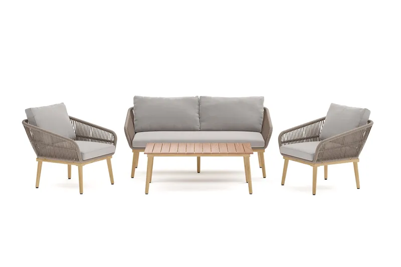 Morrocco 4-sits Soffgrupp utomhus med grå dynor och soffbord med trä utseende - Brun - Products - Utemöbler & utemiljö - Loungemöbler - Loungeset & loungegrupp