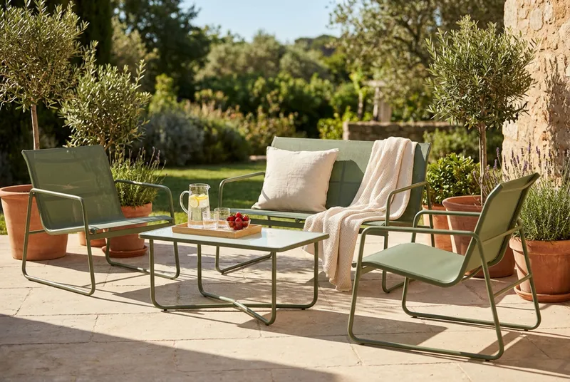Pelanda Loungegrupp  - Soffa och 2 fåtöljer i stål soffbord med frostad glasskiva - Grön - Products - Utemöbler & utemiljö - Loungemöbler - Loungeset & loungegrupp