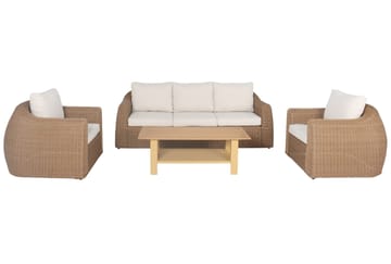 Utegrupp XL 2 st fåtöljer med 3-sits soffa och bord - Naturfärgad konstrotting och ljusbeige dynor - Products - Utemöbler & utemiljö - Loungemöbler - Loungeset & loungegrupp
