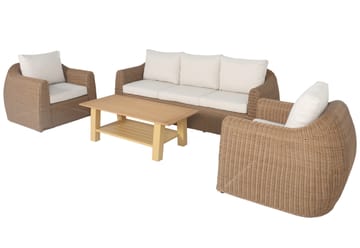 Utegrupp XL 2 st fåtöljer med 3-sits soffa och bord - Naturfärgad konstrotting och ljusbeige dynor - Products - Utemöbler & utemiljö - Loungemöbler - Loungeset & loungegrupp