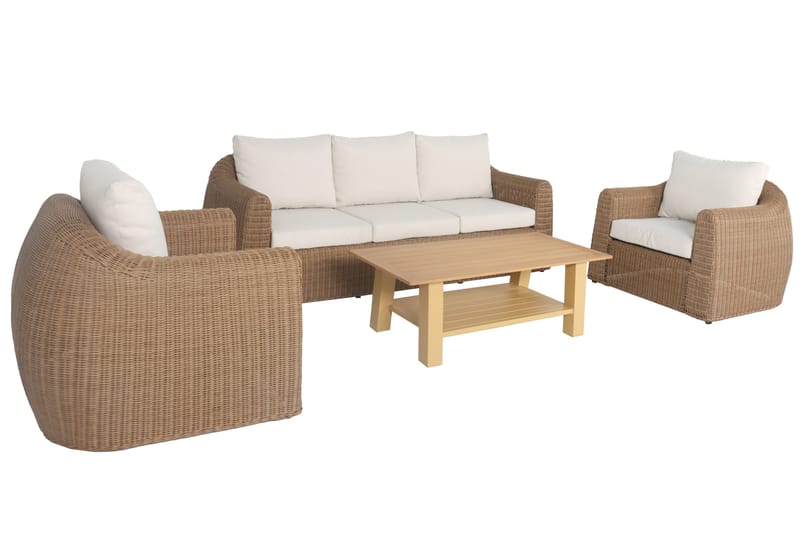 Utegrupp XL 2 st fåtöljer med 3-sits soffa och bord - Naturfärgad konstrotting och ljusbeige dynor - Products - Utemöbler & utemiljö - Loungemöbler - Loungeset & loungegrupp