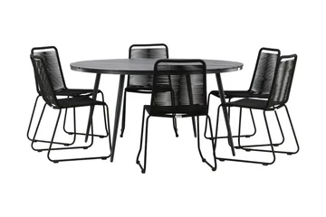 Break Matgrupp Utomhus Rund Ø150cm + 6 Lindos Stapelbara Matstolar - Svart - Products - Utemöbler & utemiljö - Utegrupp - Matgrupp utomhus