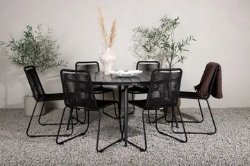 Break Matgrupp Utomhus Rund Ø150cm + 6 Lindos Stapelbara Matstolar - Svart - Products - Utemöbler & utemiljö - Utegrupp - Matgrupp utomhus