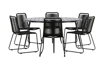 Break Matgrupp Utomhus Rund Ø150cm + 6 Lindos Stapelbara Matstolar - Svart - Products - Utemöbler & utemiljö - Utegrupp - Matgrupp utomhus