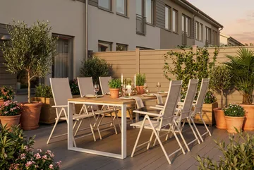 Devon utomhus matgrupp 210x100 cm med 6 Sanna positionsstolar - Beige/Teak - Products - Utemöbler & utemiljö - Utegrupp - Matgrupp utomhus