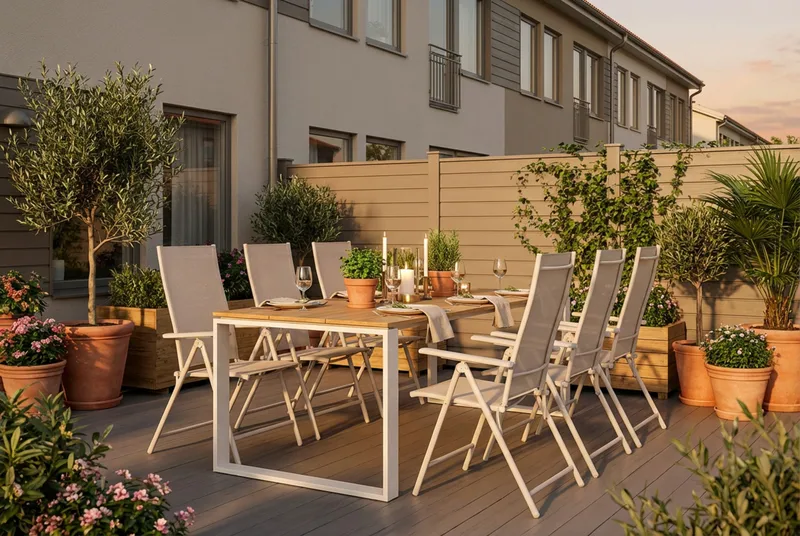 Devon utomhus matgrupp 210x100 cm med 6 Sanna positionsstolar - Beige/Teak - Products - Utemöbler & utemiljö - Utegrupp - Matgrupp utomhus