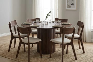 Juno Matgrupp 150 cm runt i Valnöt med 6 Amelia Matstolar med Dyna - Valnöt/Beige - Products - Utemöbler & utemiljö - Utegrupp - Matgrupp utomhus
