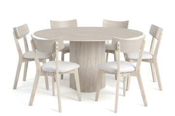 Juno Matgrupp 150 cm runt Vitlaserad med 6 Amelia Matstolar med Dyna - Vitlaserad/Beige - Products - Utemöbler & utemiljö - Utegrupp - Matgrupp utomhus