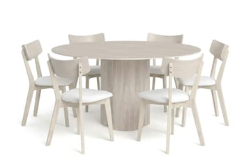Juno Matgrupp 150 cm runt Vitlaserad med 6 Amelia Matstolar med Dyna - Vitlaserad/Beige - Products - Utemöbler & utemiljö - Utegrupp - Matgrupp utomhus
