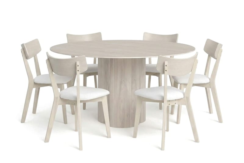 Juno Matgrupp 150 cm runt Vitlaserad med 6 Amelia Matstolar med Dyna - Vitlaserad/Beige - Products - Utemöbler & utemiljö - Utegrupp - Matgrupp utomhus