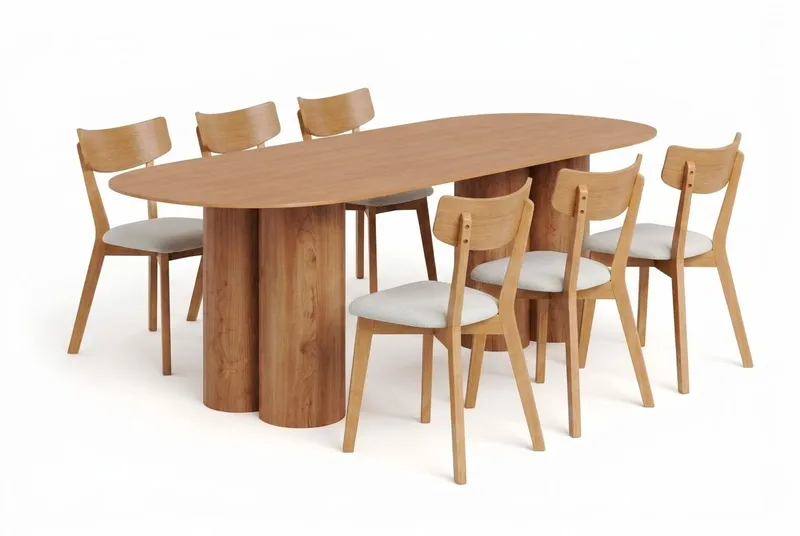 Juno Matgrupp 220 cm rektangulärt i Ek med 6 Amelia Matstolar med Dyna, Ek/Beige